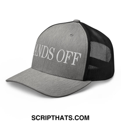 Gray and black mesh trucker hat with hands off embroidered in white script across the front