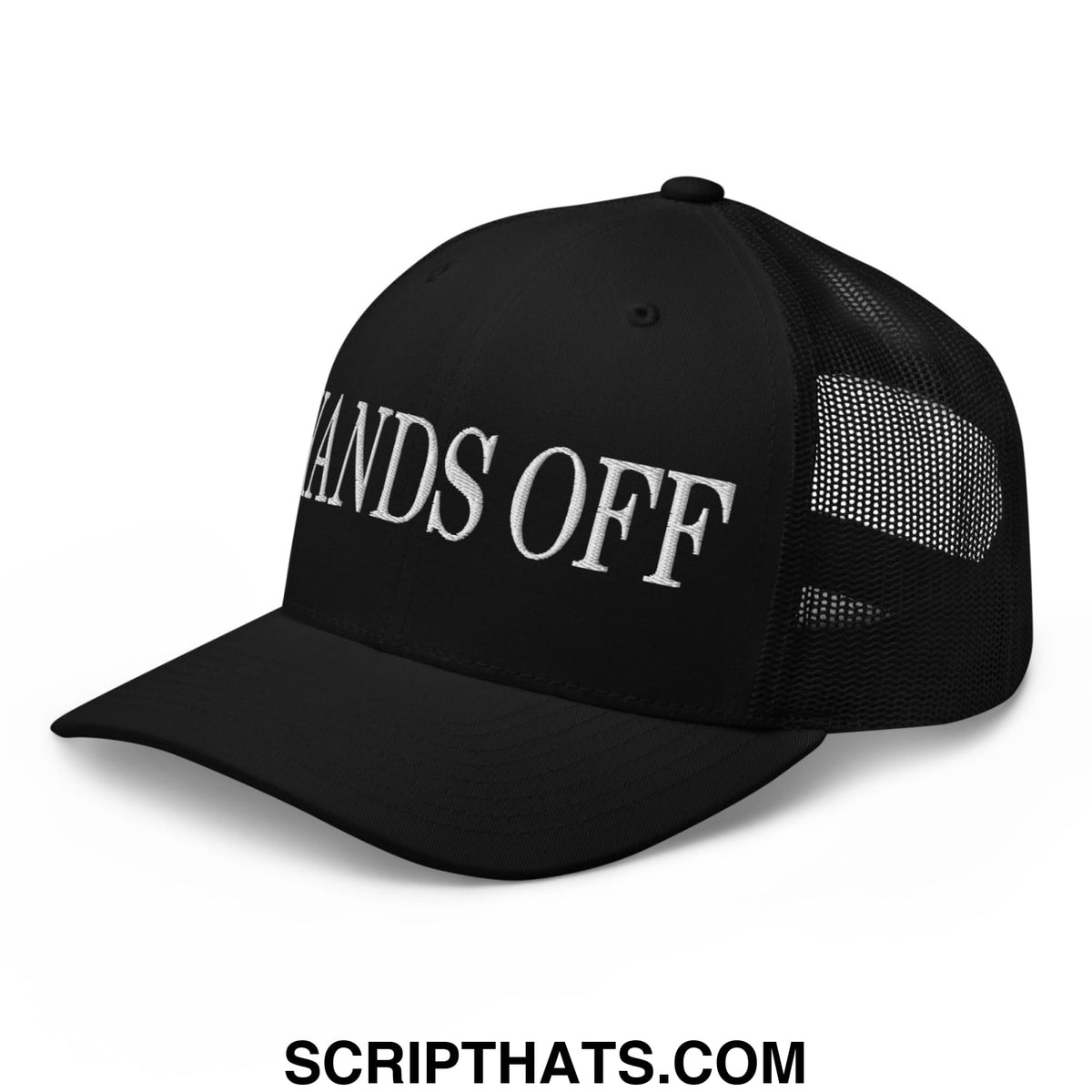 Black mesh trucker hat with white embroidered hands off text on the front for casual outdoor wear