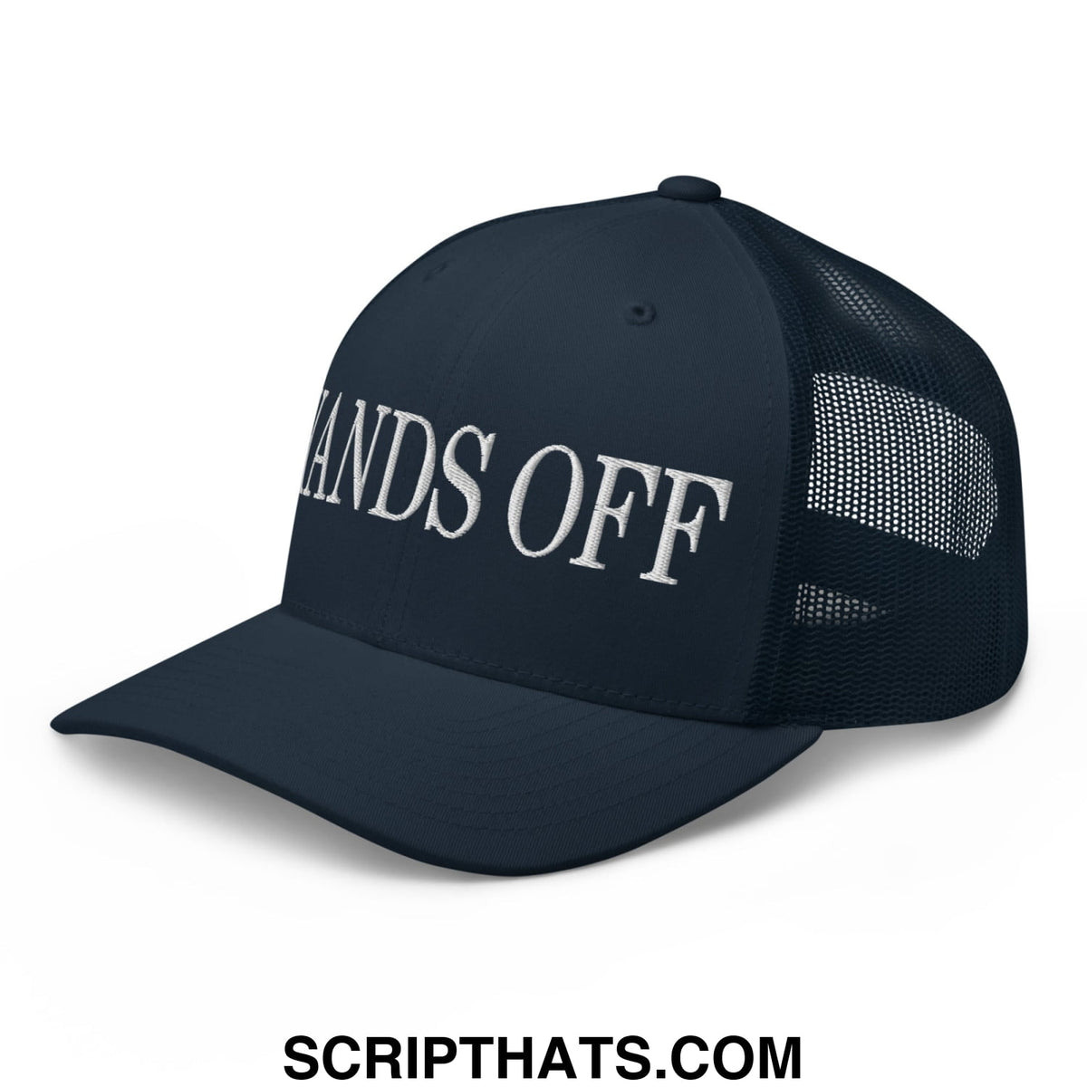 Navy blue mesh trucker hat with white embroidered hands off text front for casual style and sun protection