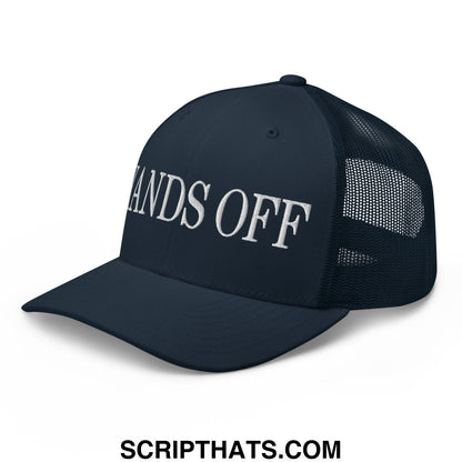 Navy blue mesh trucker hat with white embroidered hands off text front for casual style and sun protection