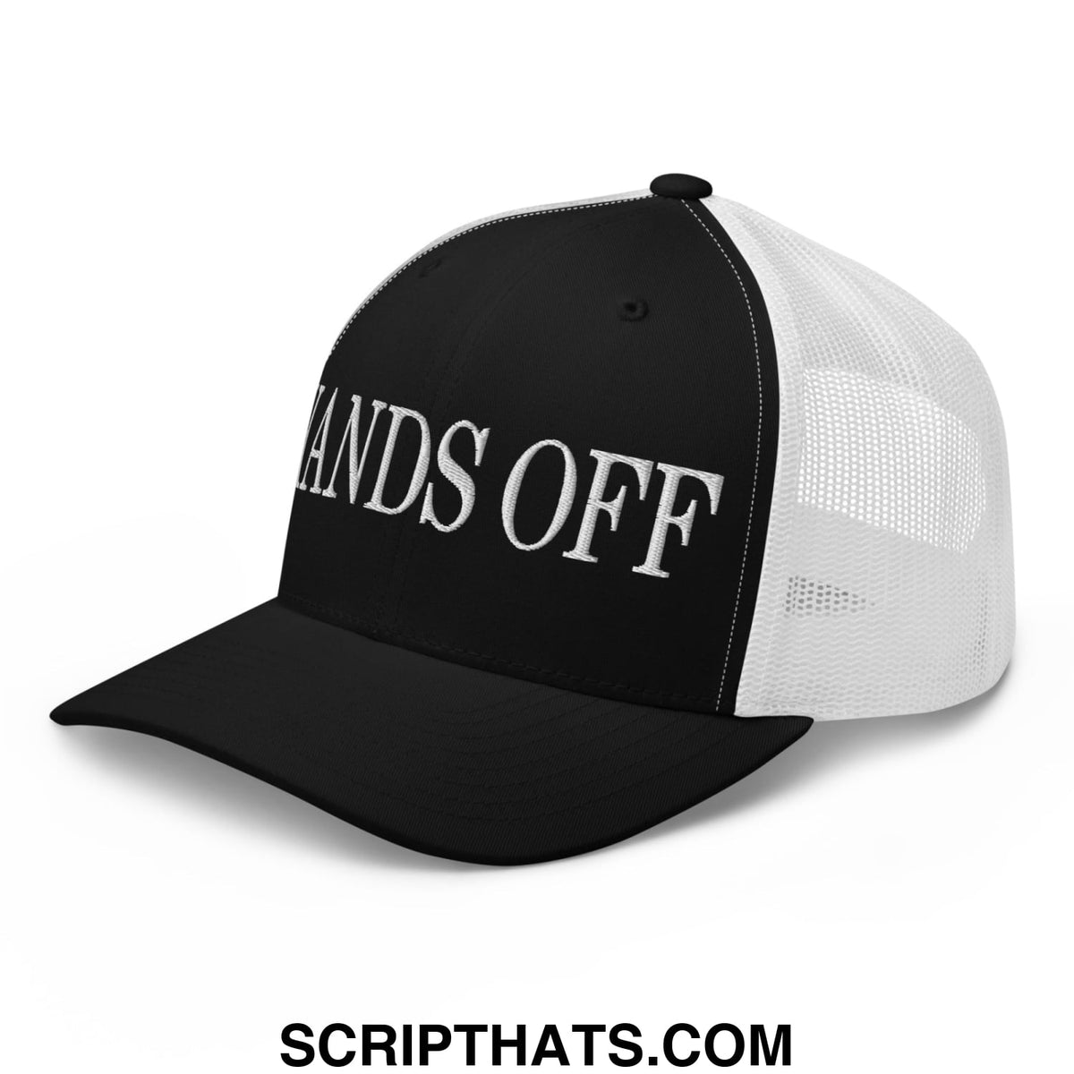 Black and white mesh trucker hat with hands off embroidered in silver thread across the front