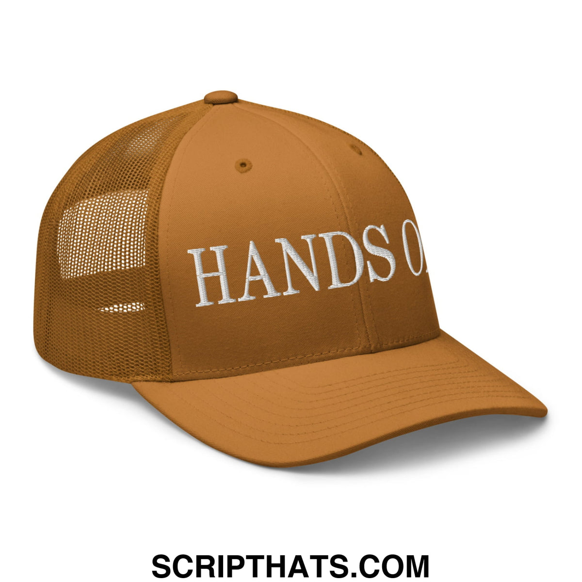 A tan mesh trucker hat with white embroidered hands off lettering on the front panel