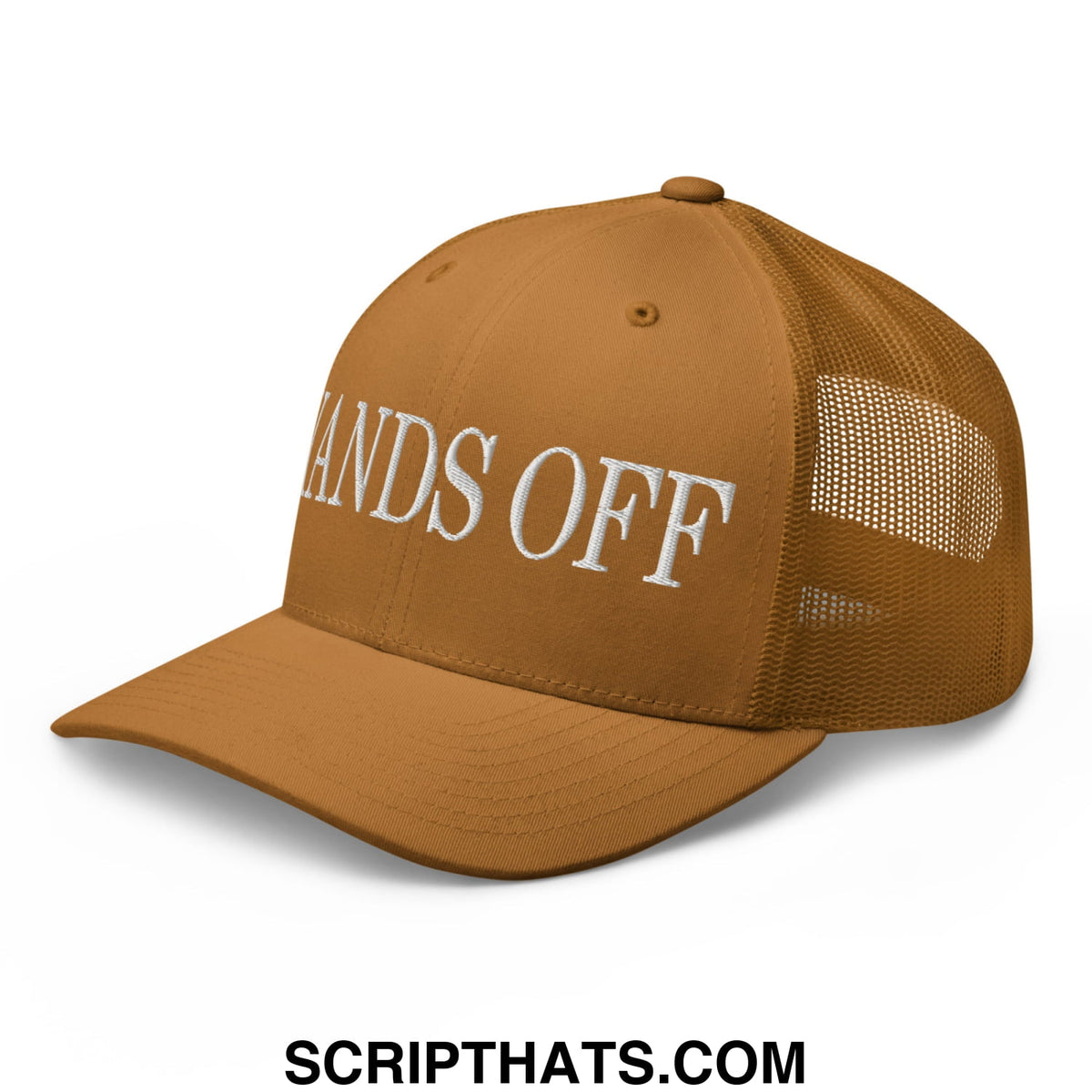 Tan mesh trucker hat with white embroidered hands off text on front panel for casual wear