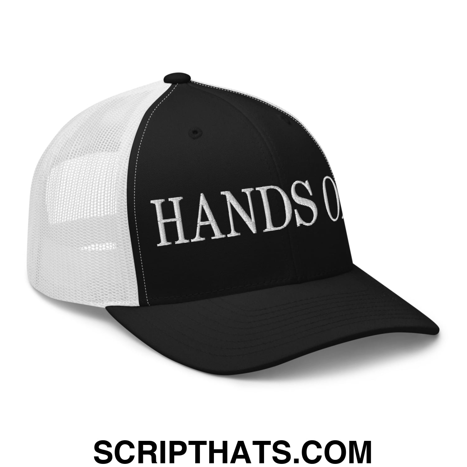 Hands Off Embroidered Mesh Trucker Hat Black White