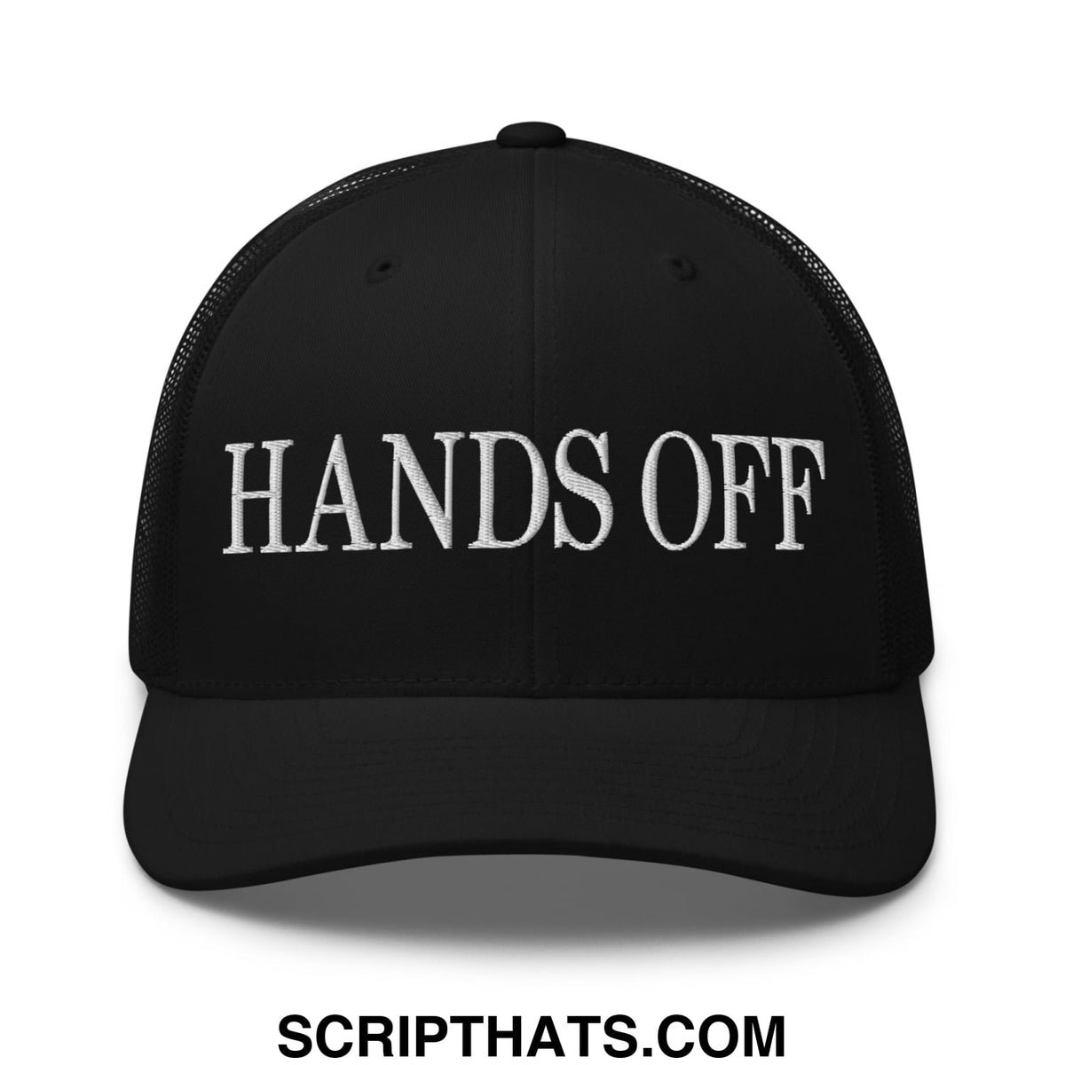 Black mesh trucker hat with white embroidered hands off text across the front for casual wear