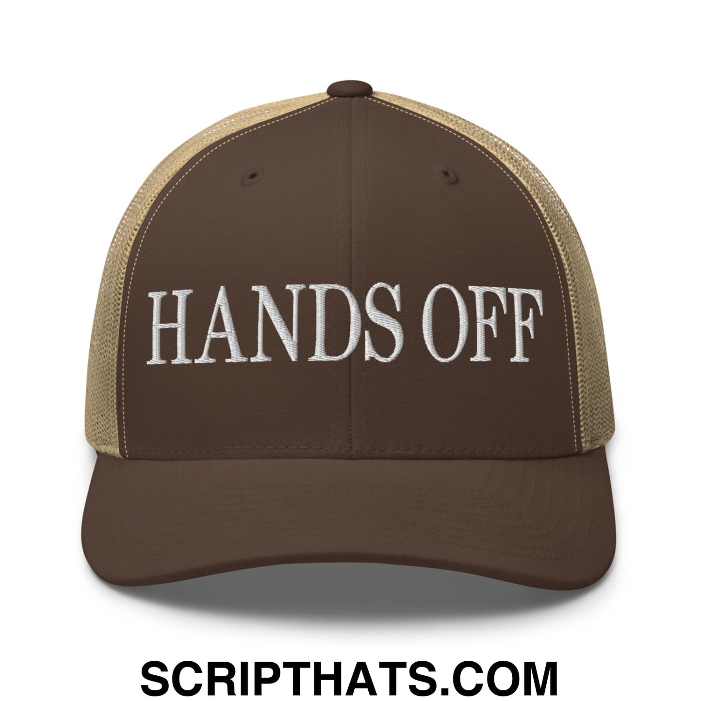 Hands Off Embroidered Mesh Trucker Hat Brown Khaki