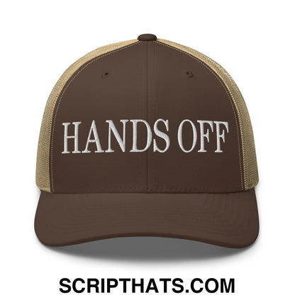 Hands Off Embroidered Mesh Trucker Hat Brown Khaki