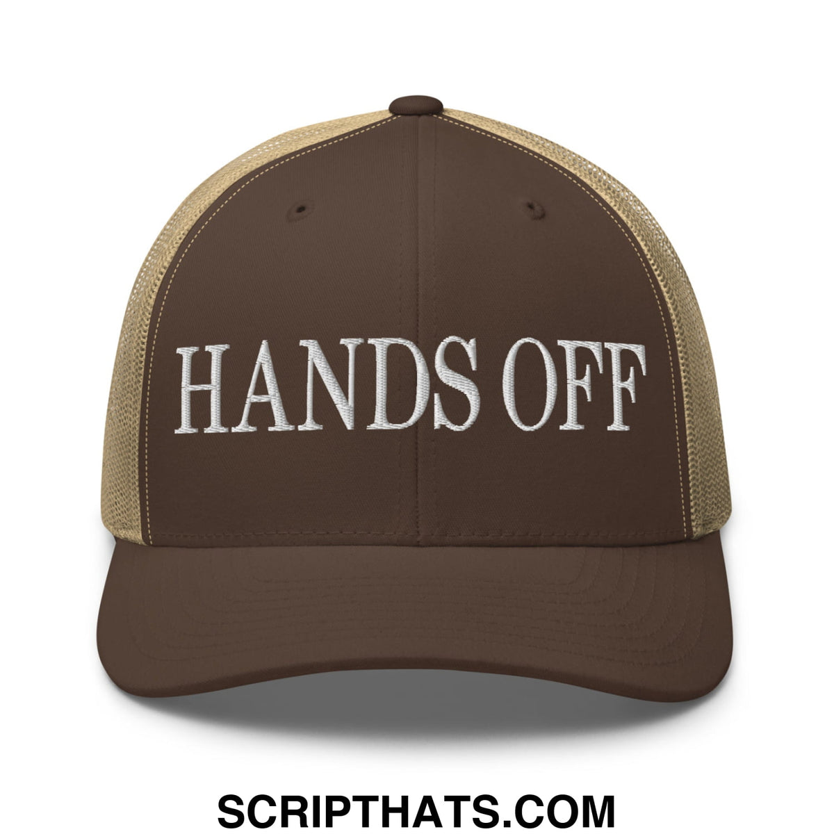 Brown and tan mesh trucker hat with white embroidered hands off text featuring breathable mesh back panel