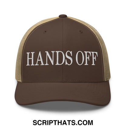Brown and tan mesh trucker hat with white embroidered hands off text featuring breathable mesh back panel