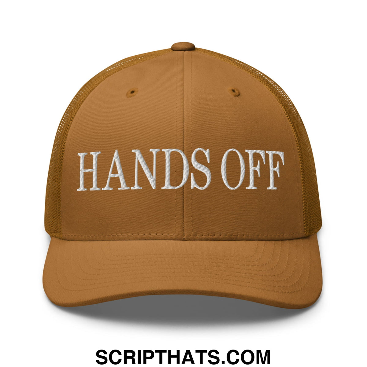 Tan mesh trucker hat with white embroidered hands off text across the front for casual wear