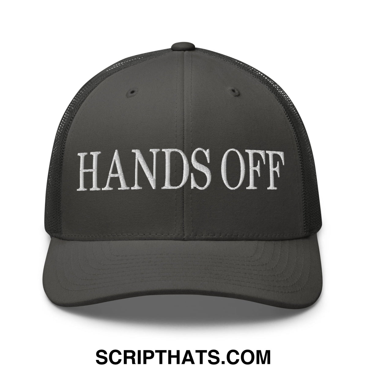 Dark gray mesh trucker hat with white embroidered hands off text across the front panel