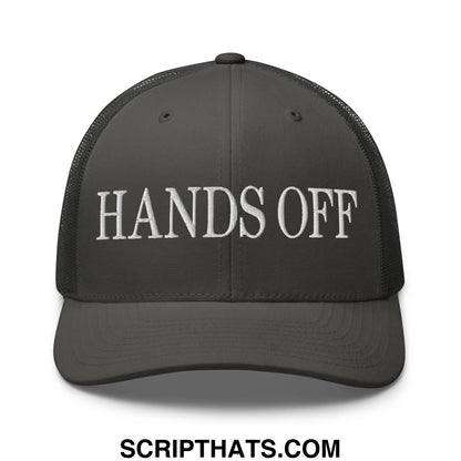 Dark gray mesh trucker hat with white embroidered hands off text across the front panel