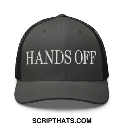 Dark gray mesh trucker hat with white embroidered hands off text across the front panel