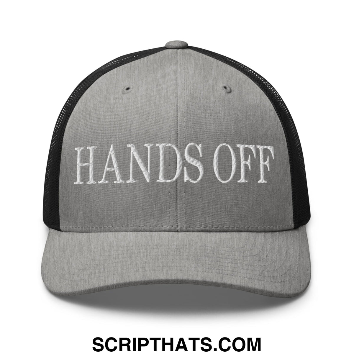 Gray and black mesh trucker hat with hands off embroidered in white on the front panel