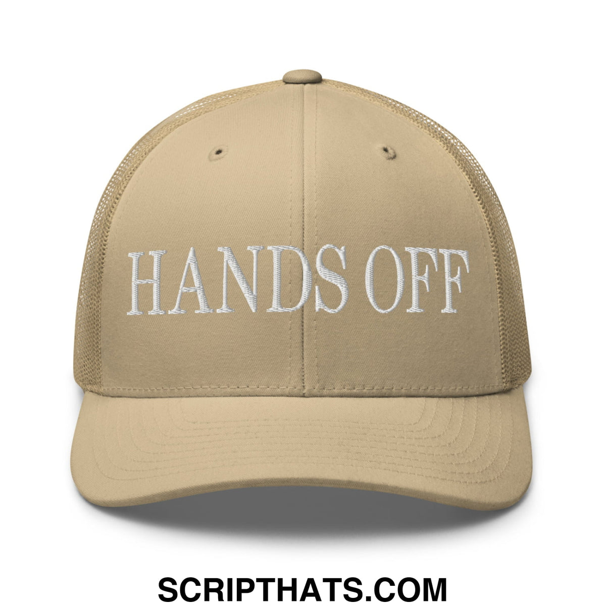 Beige mesh trucker hat with white embroidered hands off text across the front for casual wear