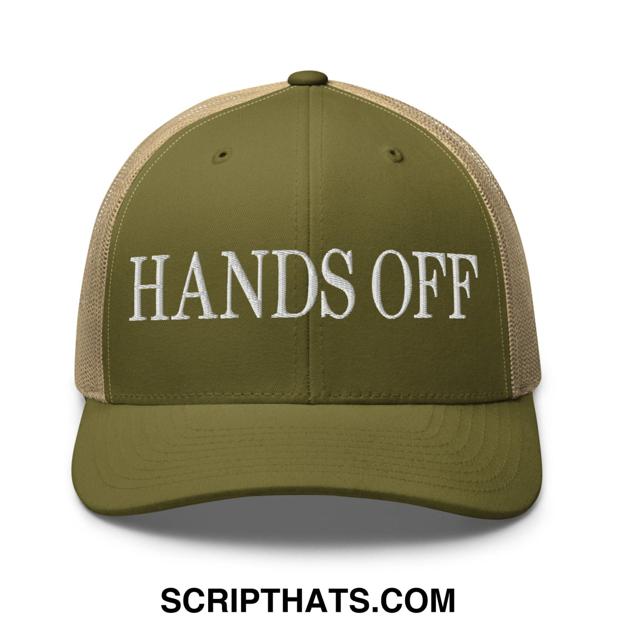Olive green and beige mesh trucker hat with white embroidered hands off text and breathable back panels