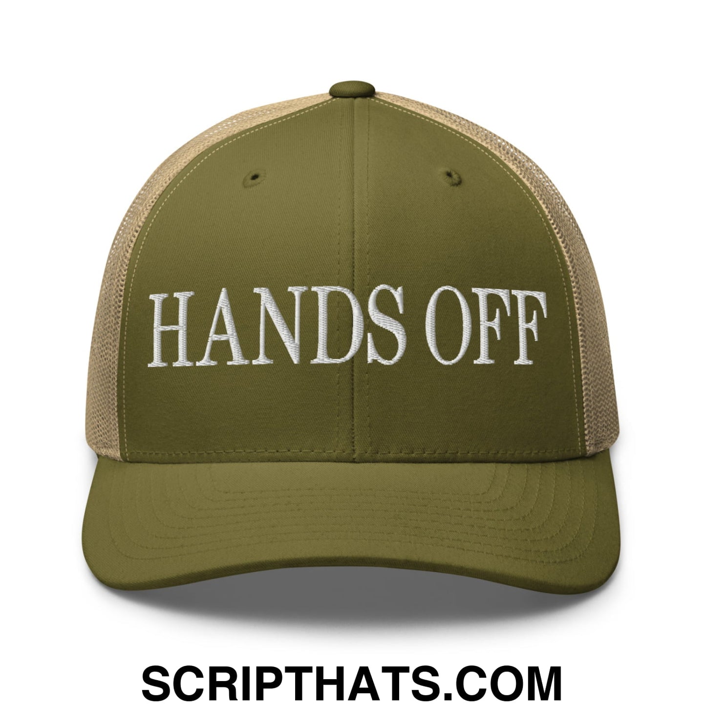 Hands Off Embroidered Mesh Trucker Hat Moss Khaki