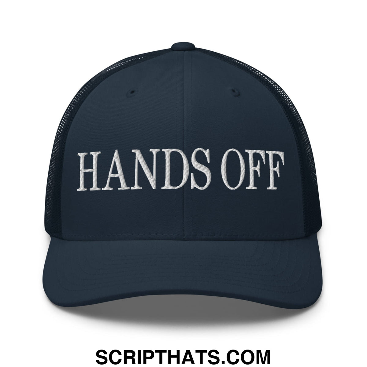 Dark navy mesh trucker hat with white embroidered hands off text on the front panel