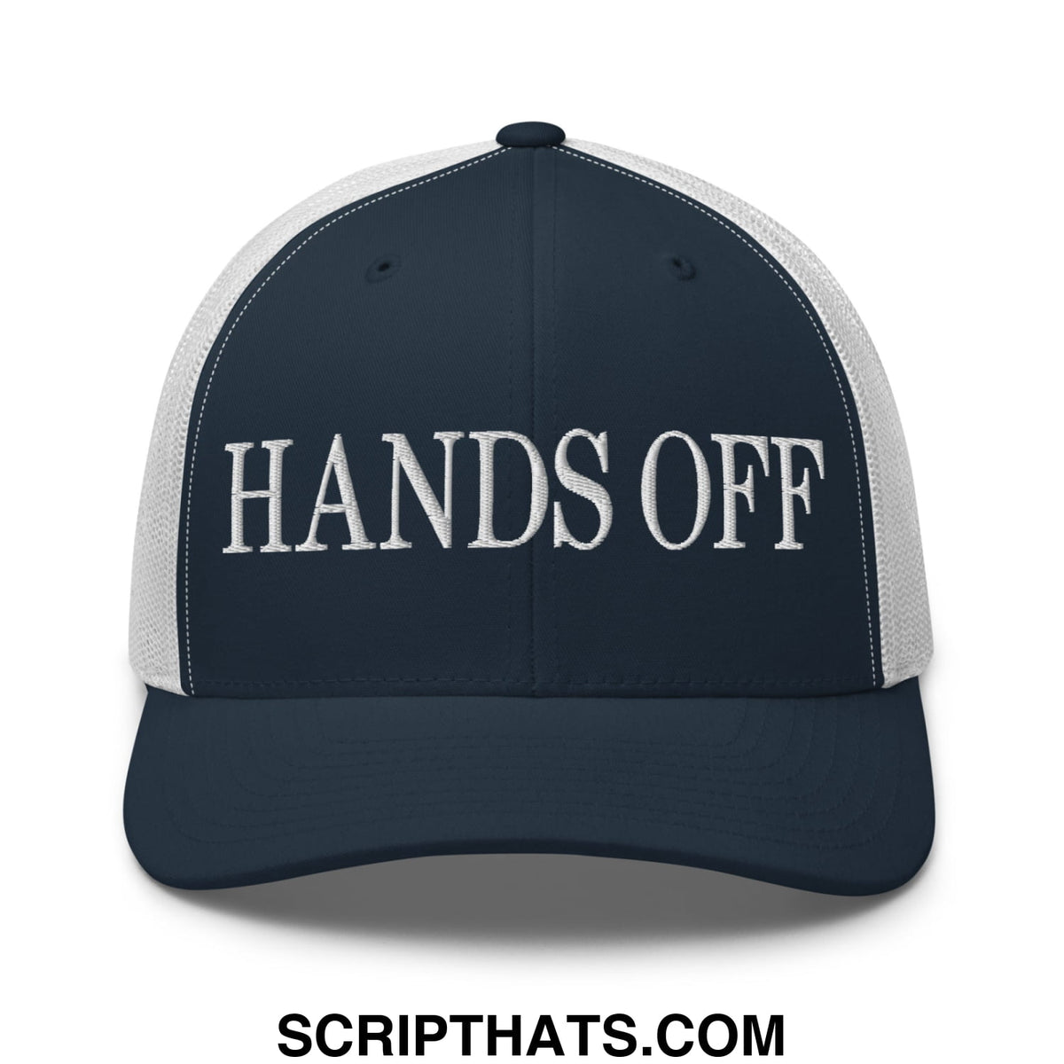 A navy blue and white mesh trucker hat with hands off embroidered in bold silver thread on the front