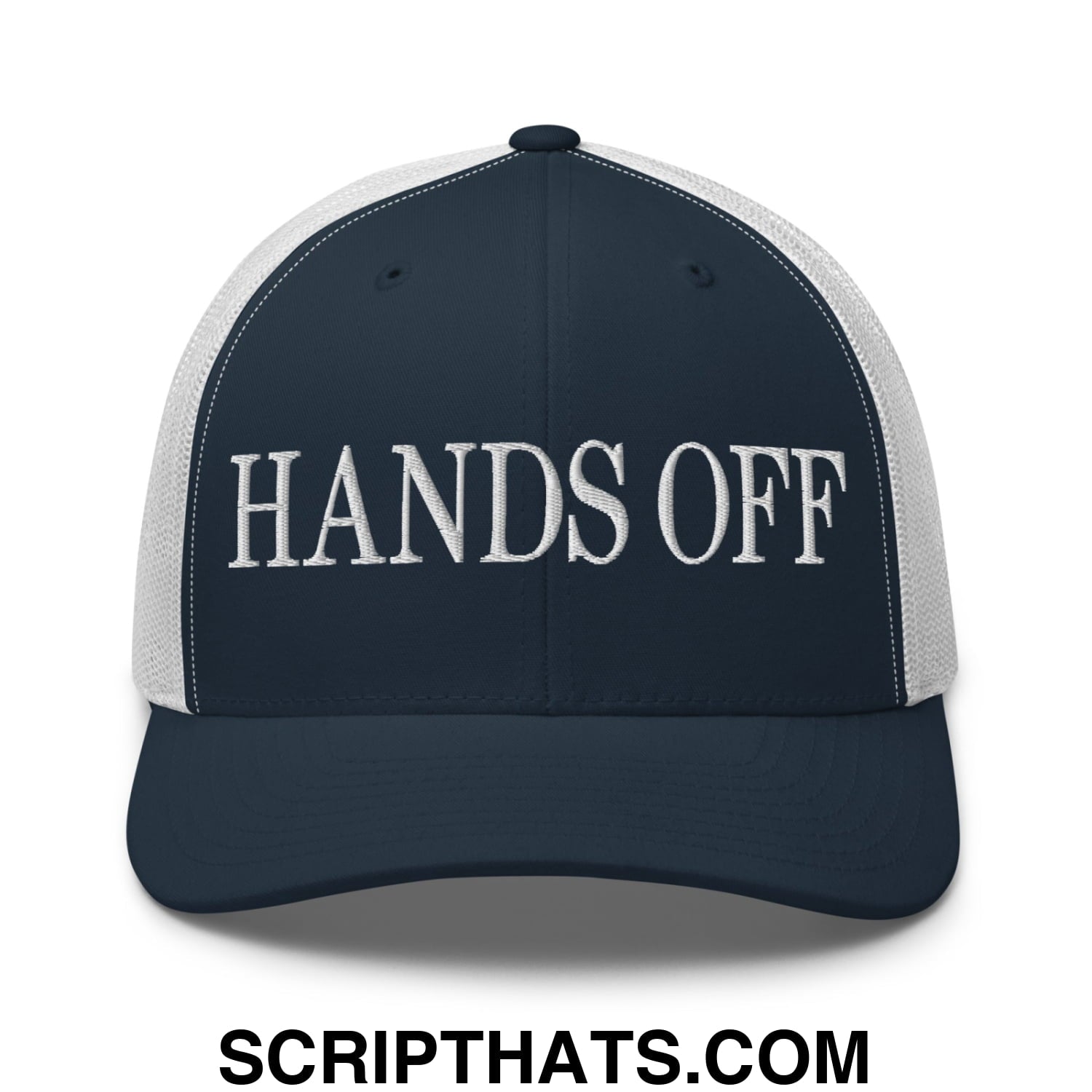 Hands Off Embroidered Mesh Trucker Hat Navy White
