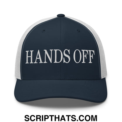 Hands Off Embroidered Mesh Trucker Hat Navy White