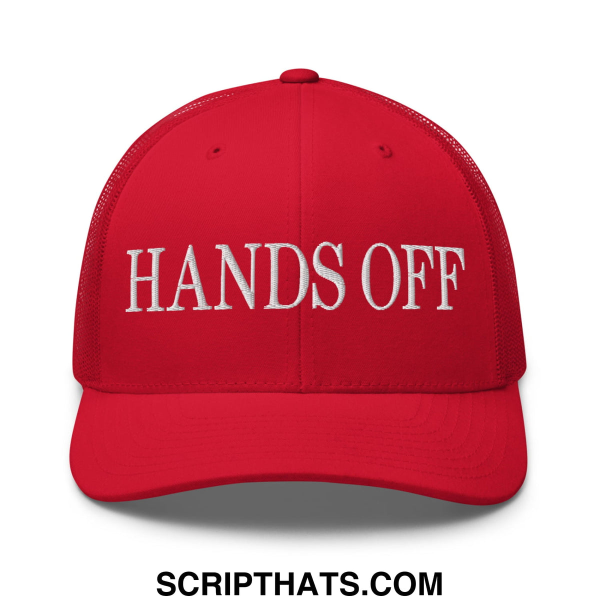 Red mesh trucker hat with white embroidered hands off text perfect for casual outdoor wear