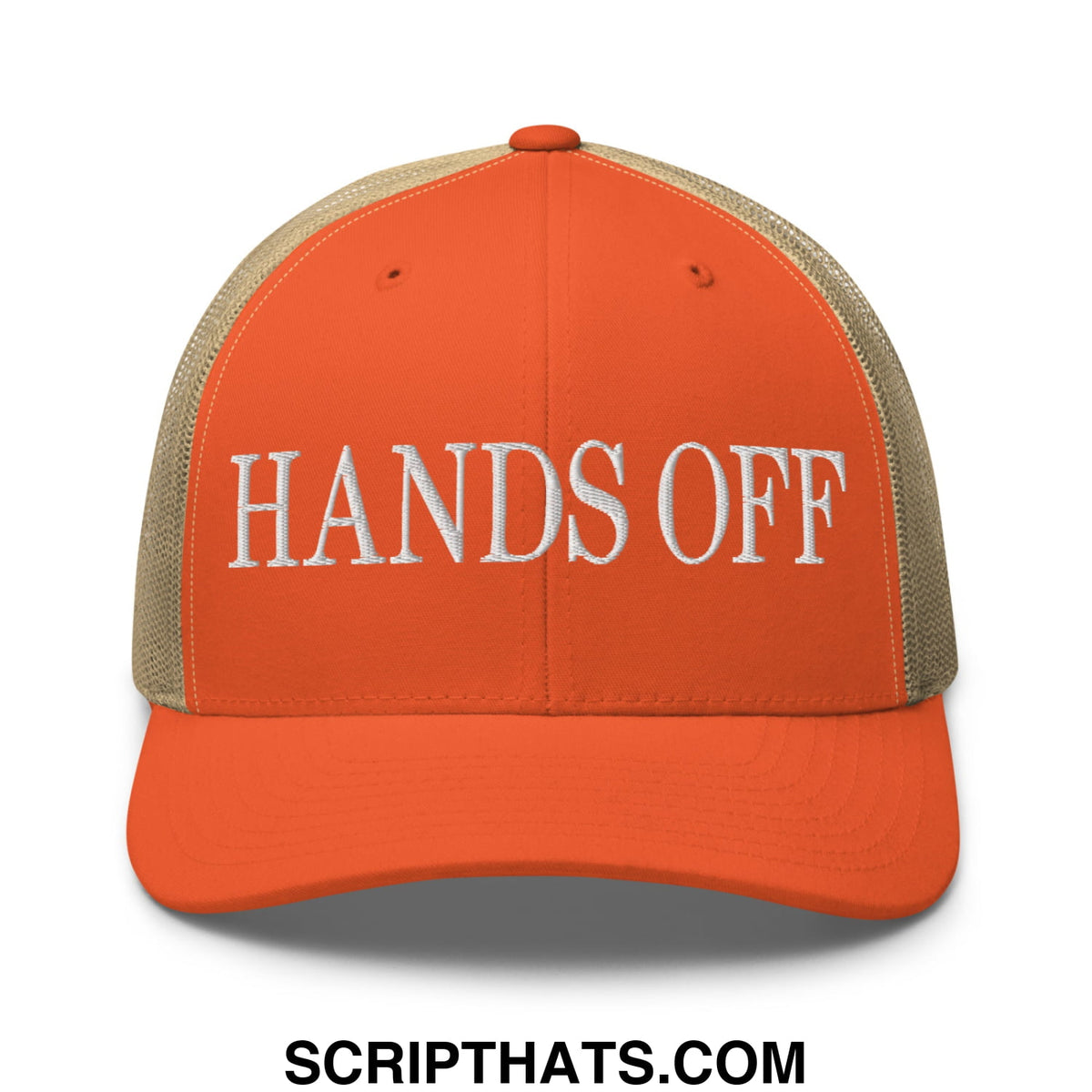 Orange and beige mesh trucker hat with white embroidered hands off text front view