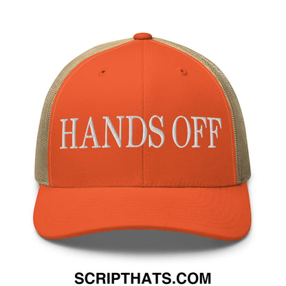 Orange and beige mesh trucker hat with white embroidered hands off text front view