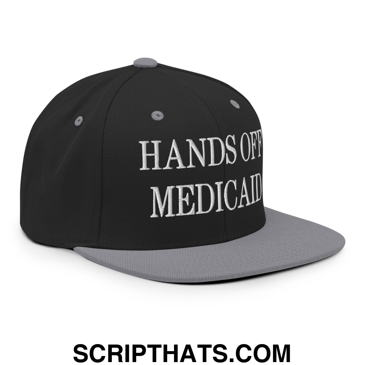 Hands Off Medicaid Embroidered Flat Bill Brim Snapback Hat Black Silver