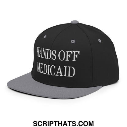 Hands Off Medicaid Embroidered Flat Bill Brim Snapback Hat Black Silver