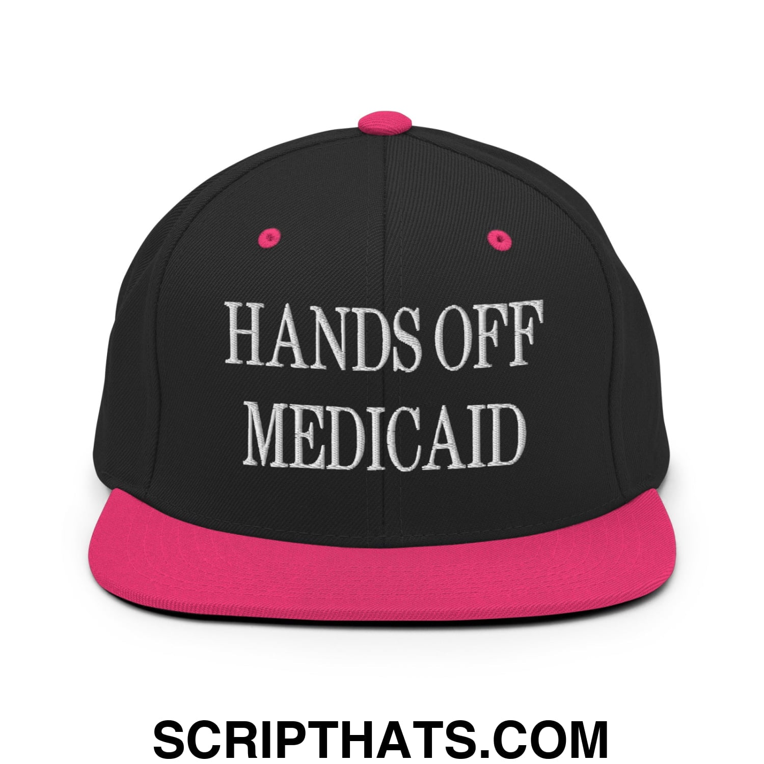 Hands Off Medicaid Embroidered Flat Bill Brim Snapback Hat Black Neon Pink