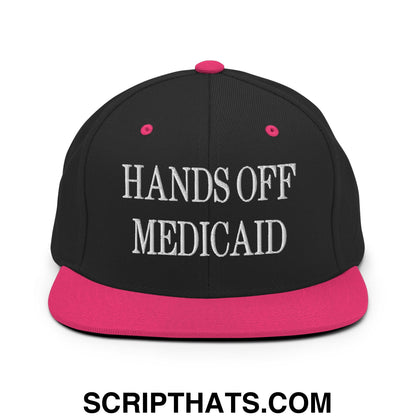 Hands Off Medicaid Embroidered Flat Bill Brim Snapback Hat Black Neon Pink