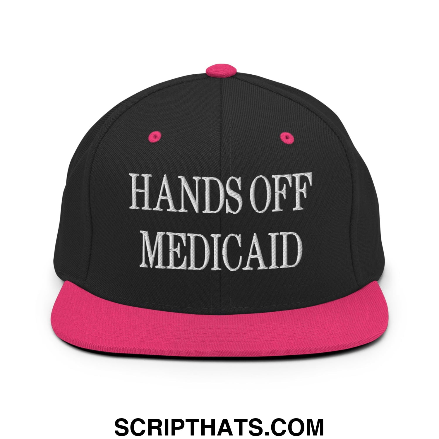 Hands Off Medicaid Embroidered Flat Bill Brim Snapback Hat Black Neon Pink