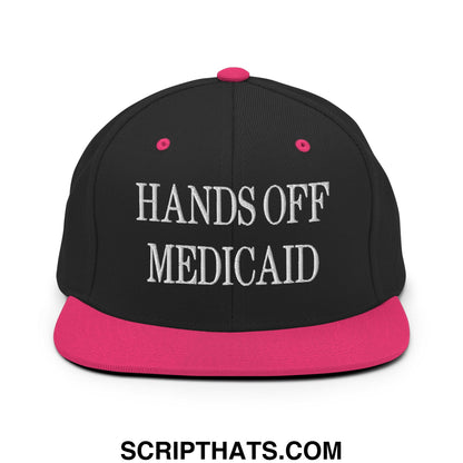 Hands Off Medicaid Embroidered Flat Bill Brim Snapback Hat Black Neon Pink