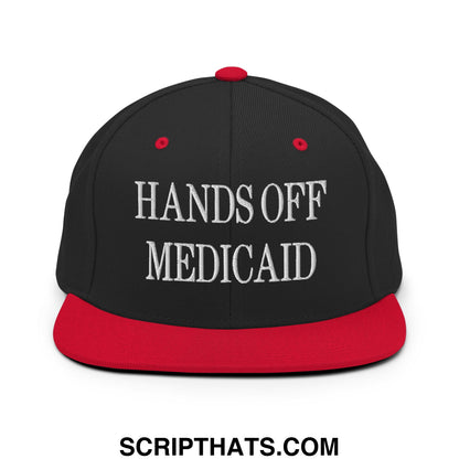 Hands Off Medicaid Embroidered Flat Bill Brim Snapback Hat Black Red
