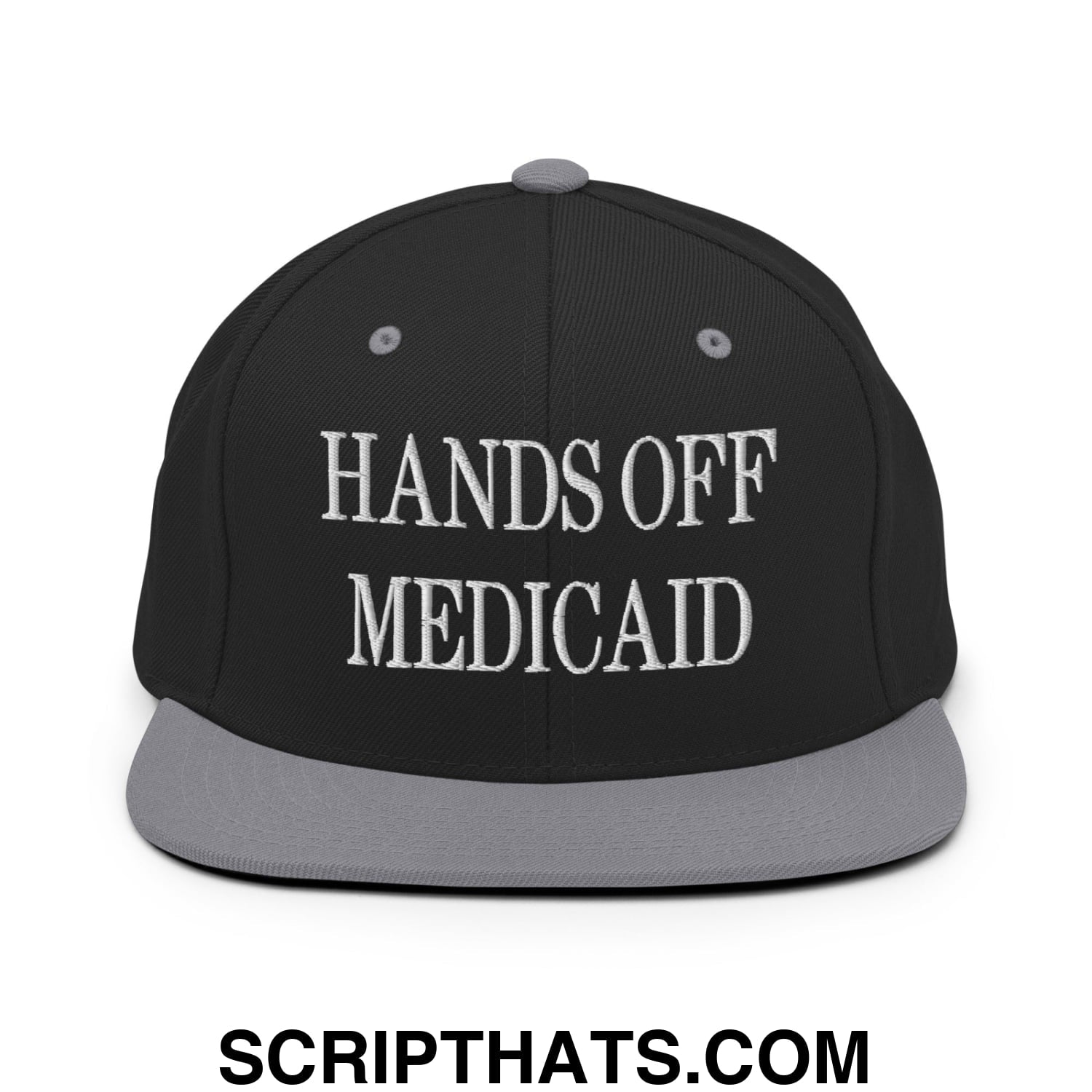 Hands Off Medicaid Embroidered Flat Bill Brim Snapback Hat Black Silver