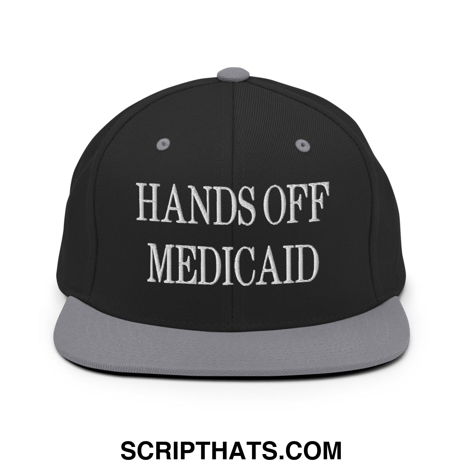 Hands Off Medicaid Embroidered Flat Bill Brim Snapback Hat Black Silver
