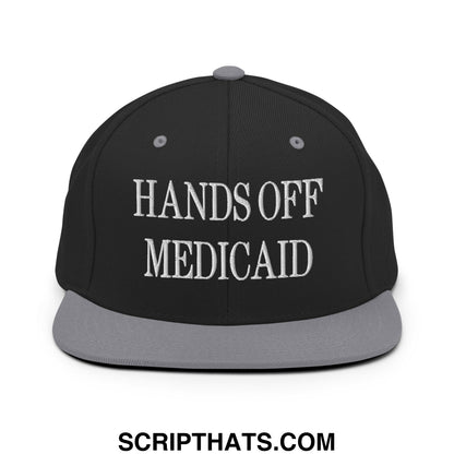 Hands Off Medicaid Embroidered Flat Bill Brim Snapback Hat Black Silver
