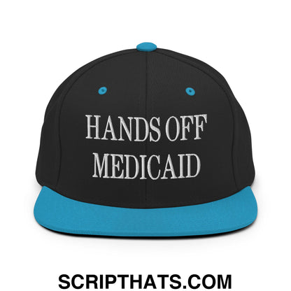 Hands Off Medicaid Embroidered Flat Bill Brim Snapback Hat Black Teal