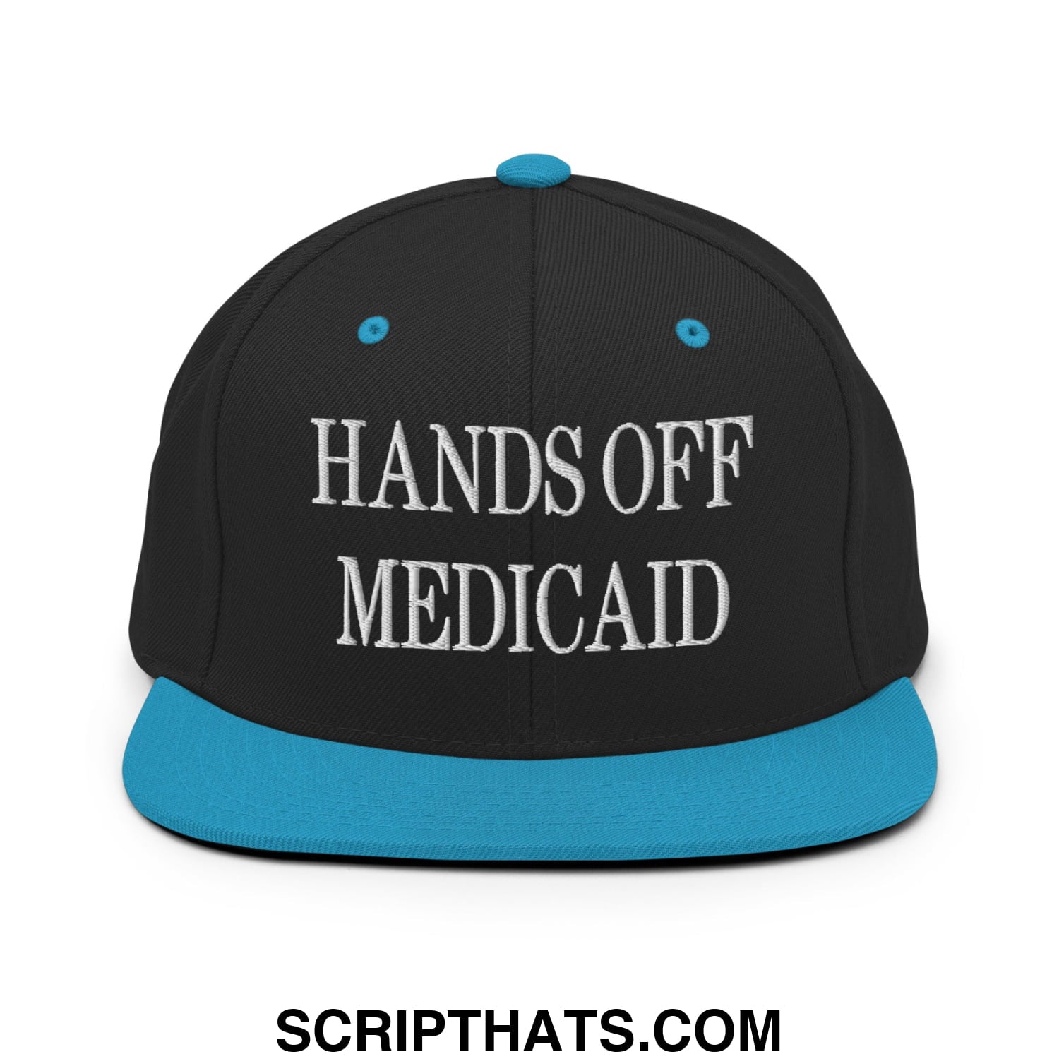 Hands Off Medicaid Embroidered Flat Bill Brim Snapback Hat Black Teal