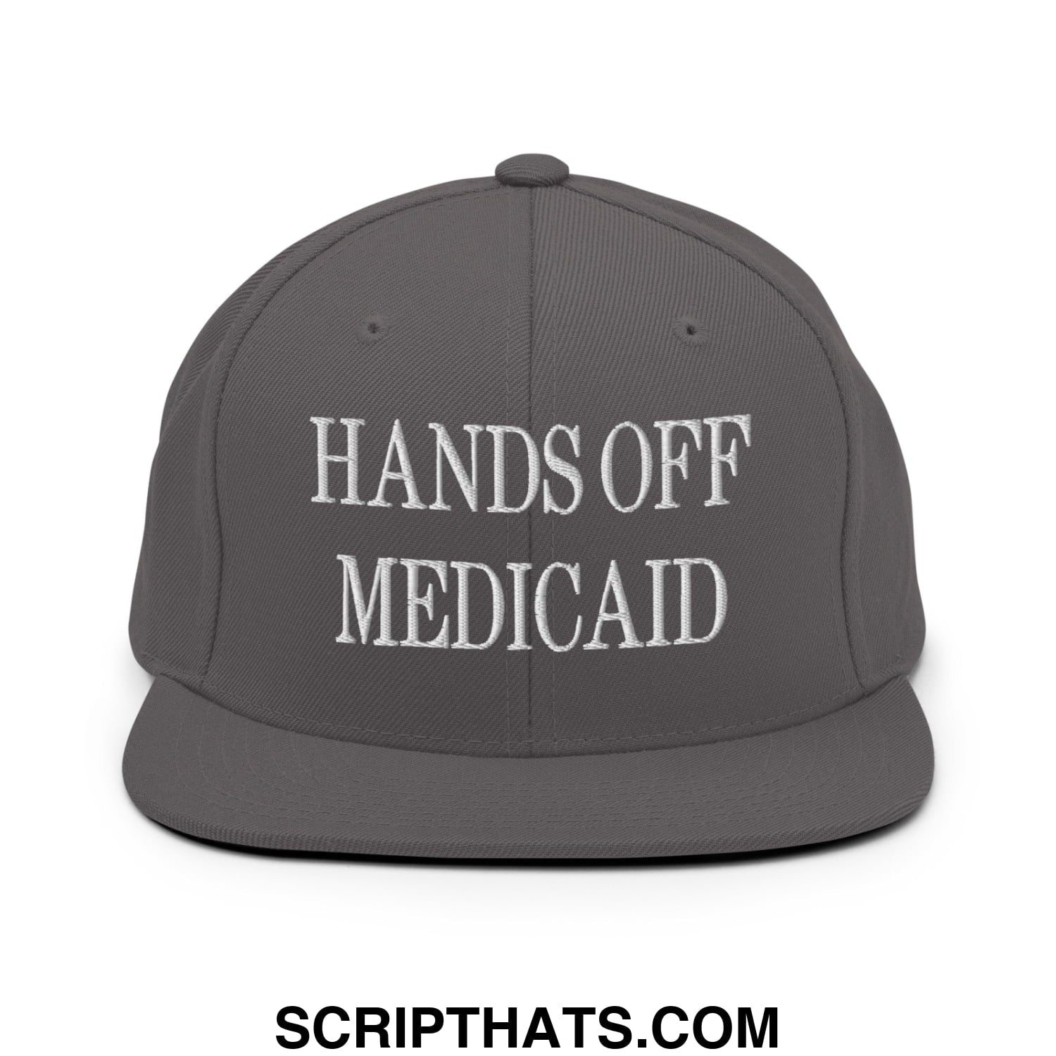 Hands Off Medicaid Embroidered Flat Bill Brim Snapback Hat Dark Grey