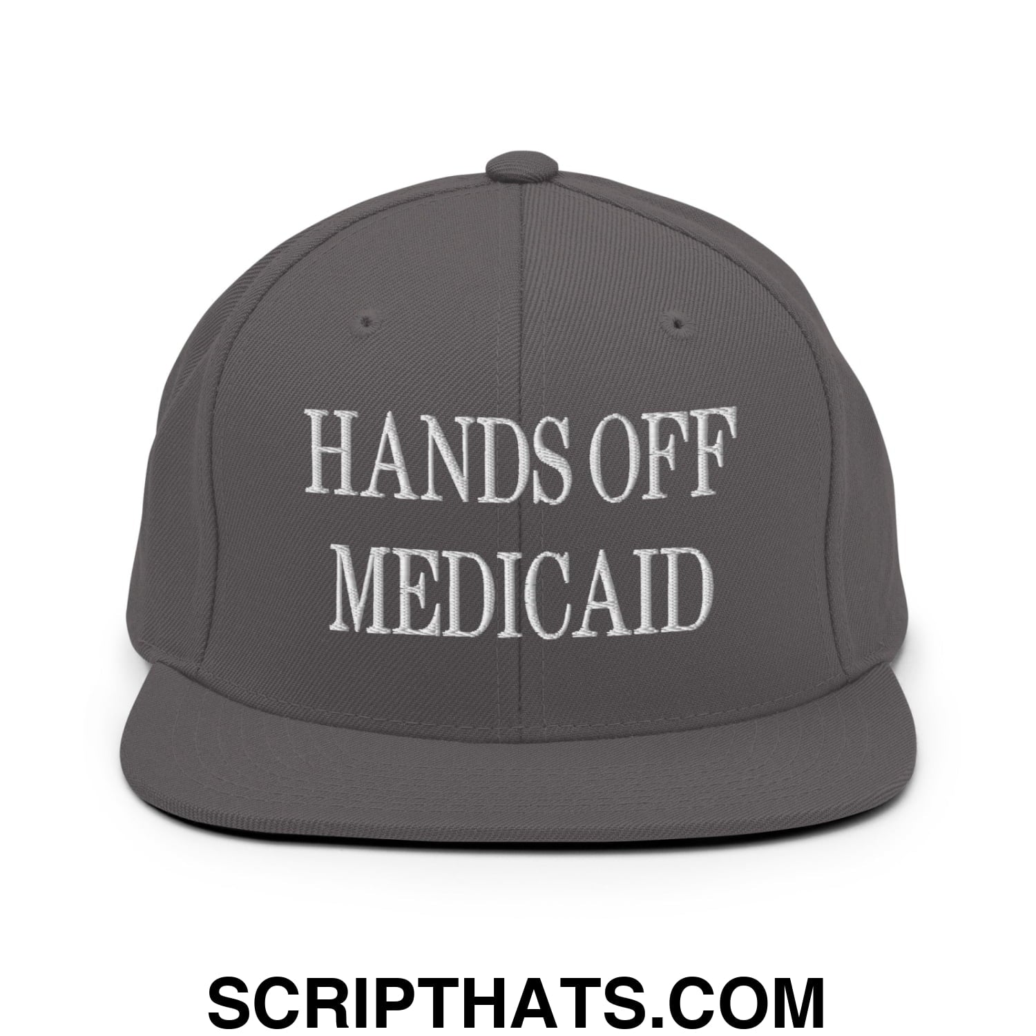 Hands Off Medicaid Embroidered Flat Bill Brim Snapback Hat Dark Grey