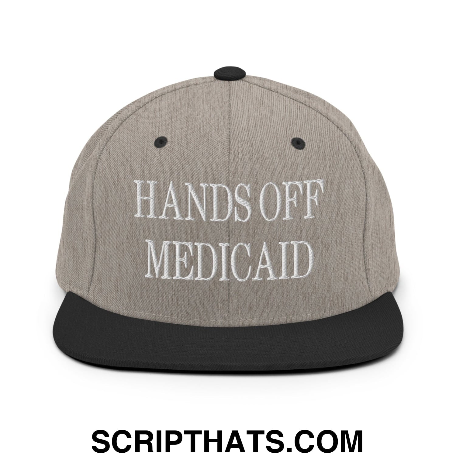 Hands Off Medicaid Embroidered Flat Bill Brim Snapback Hat Heather Black