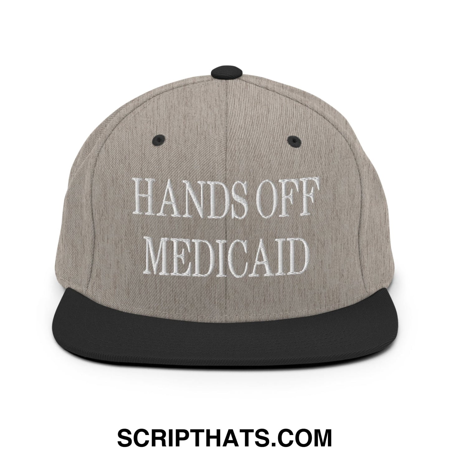 Hands Off Medicaid Embroidered Flat Bill Brim Snapback Hat Heather Black