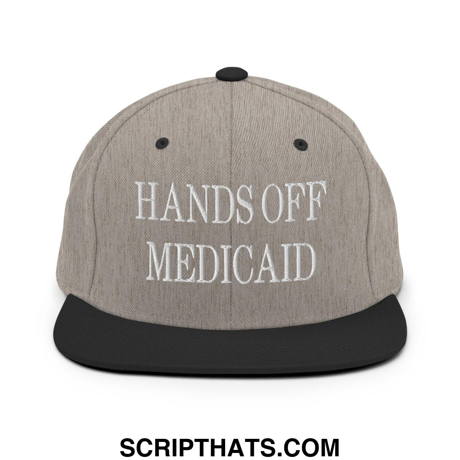 Hands Off Medicaid Embroidered Flat Bill Brim Snapback Hat Heather Black