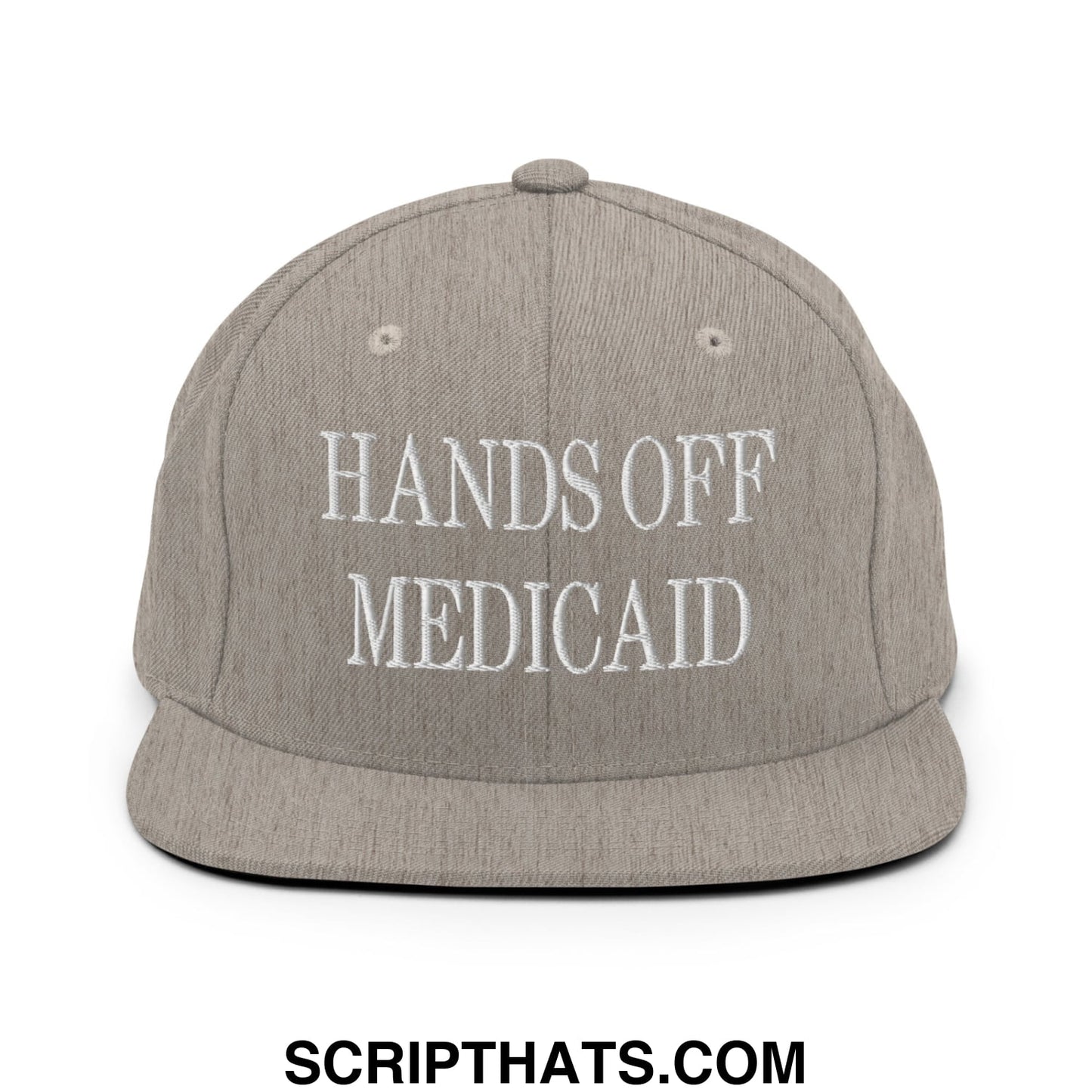 Hands Off Medicaid Embroidered Flat Bill Brim Snapback Hat Heather Grey