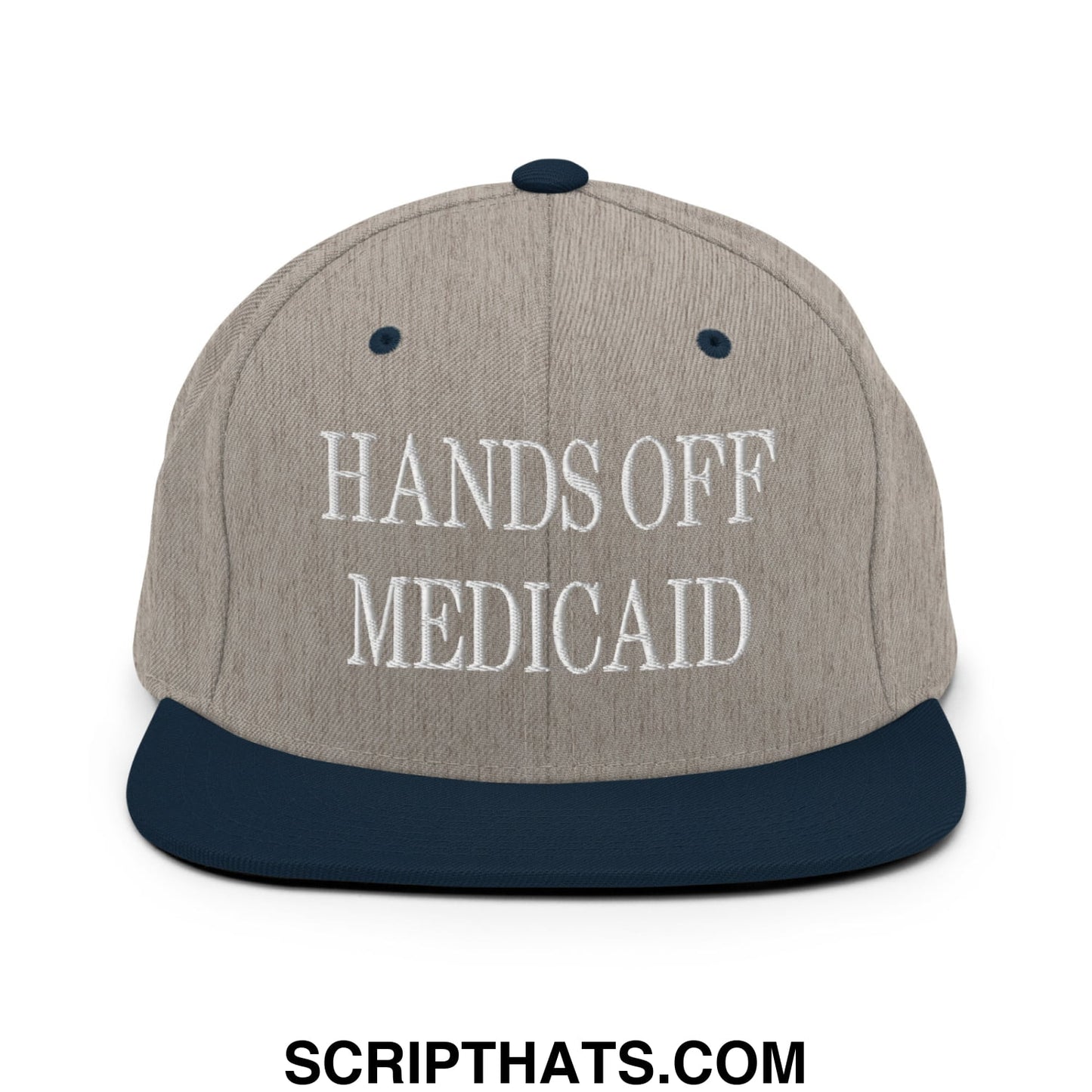 Hands Off Medicaid Embroidered Flat Bill Brim Snapback Hat Heather Grey Navy
