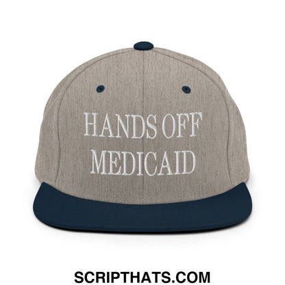 Hands Off Medicaid Embroidered Flat Bill Brim Snapback Hat Heather Grey Navy