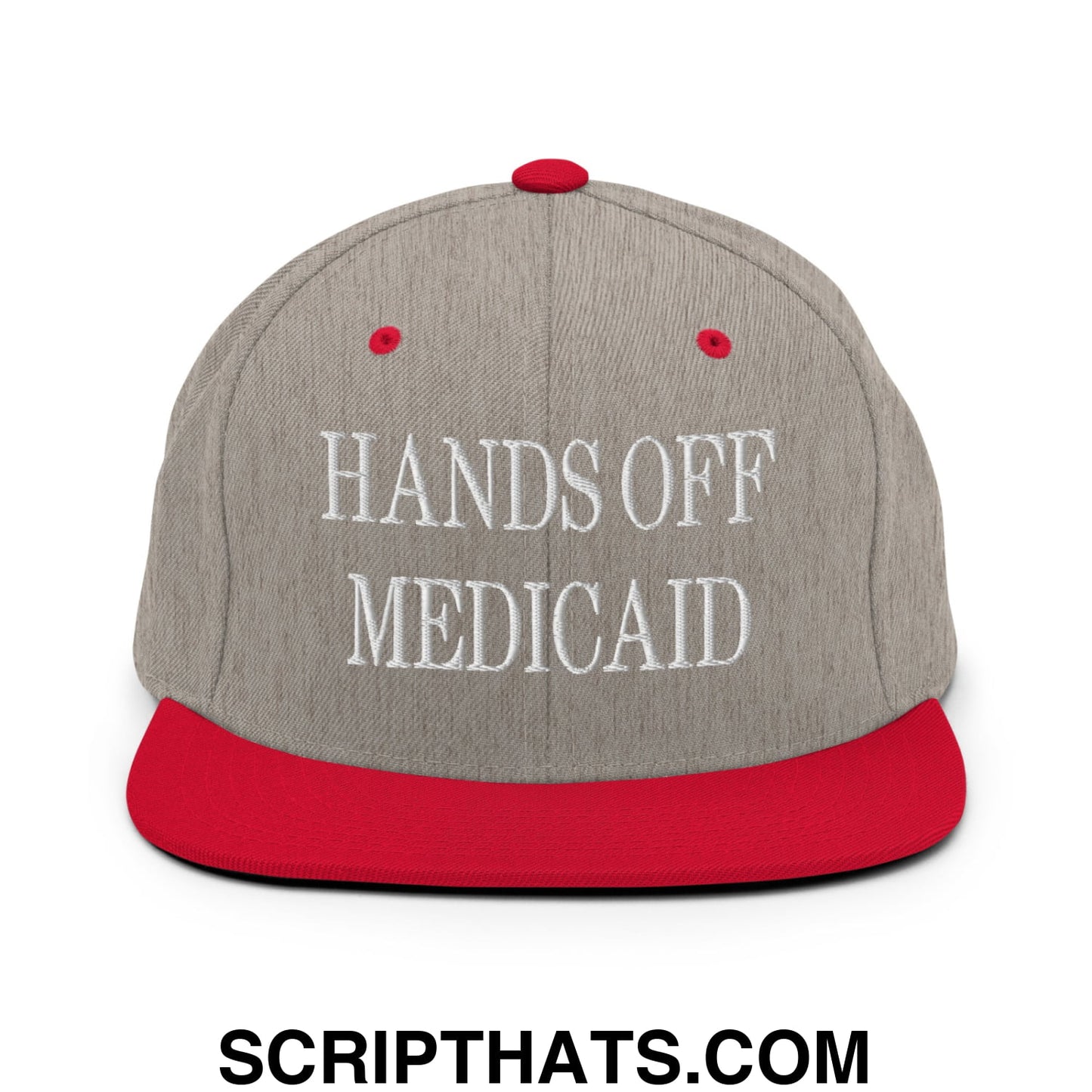 Hands Off Medicaid Embroidered Flat Bill Brim Snapback Hat Heather Grey Red