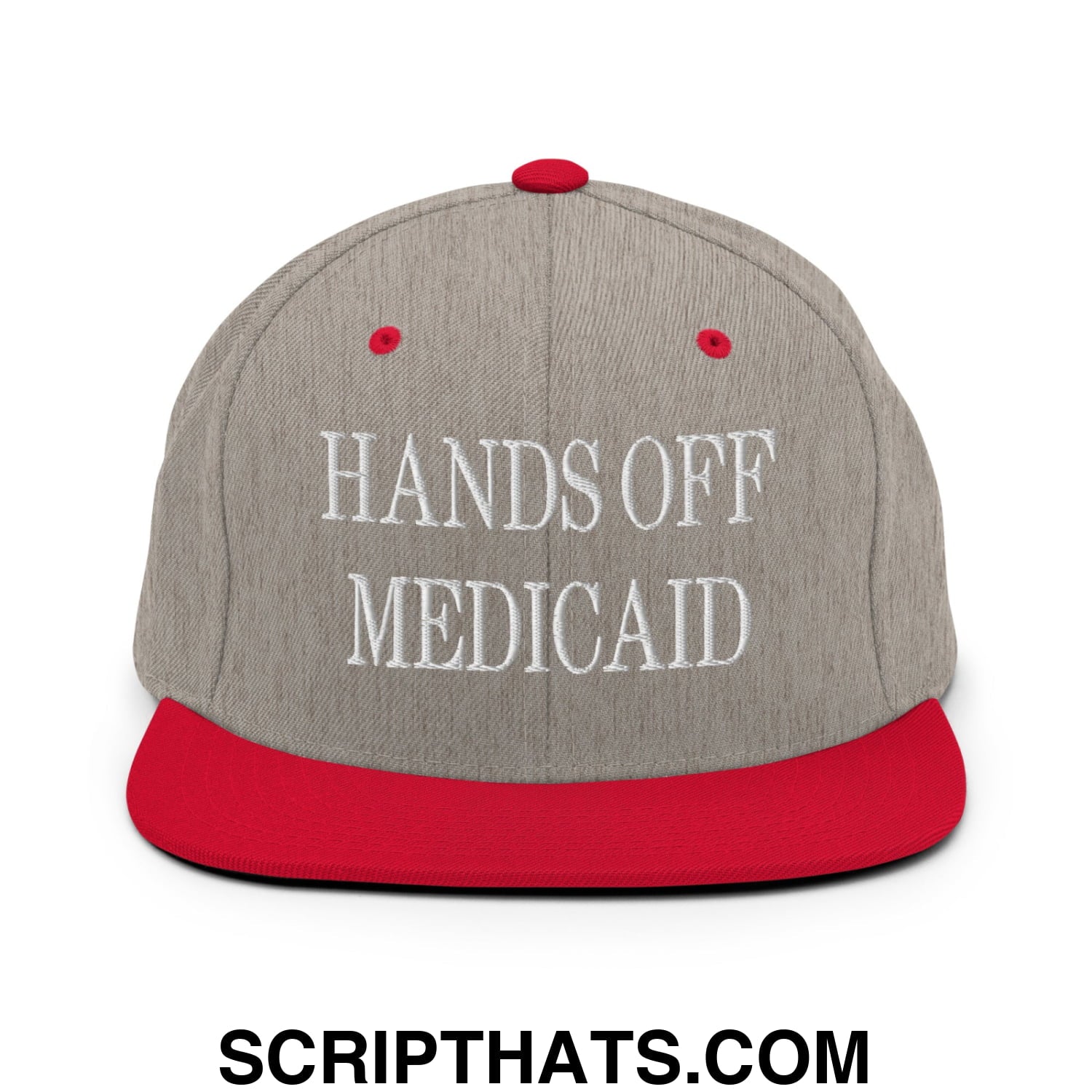 Hands Off Medicaid Embroidered Flat Bill Brim Snapback Hat Heather Grey Red